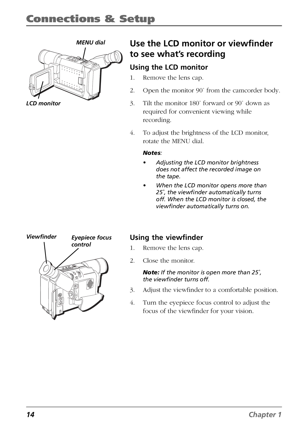 RCA CC6384/CC6394 Use the LCD monitor or viewfinder to see what’s recording, Using the LCD monitor, Using the viewfinder 