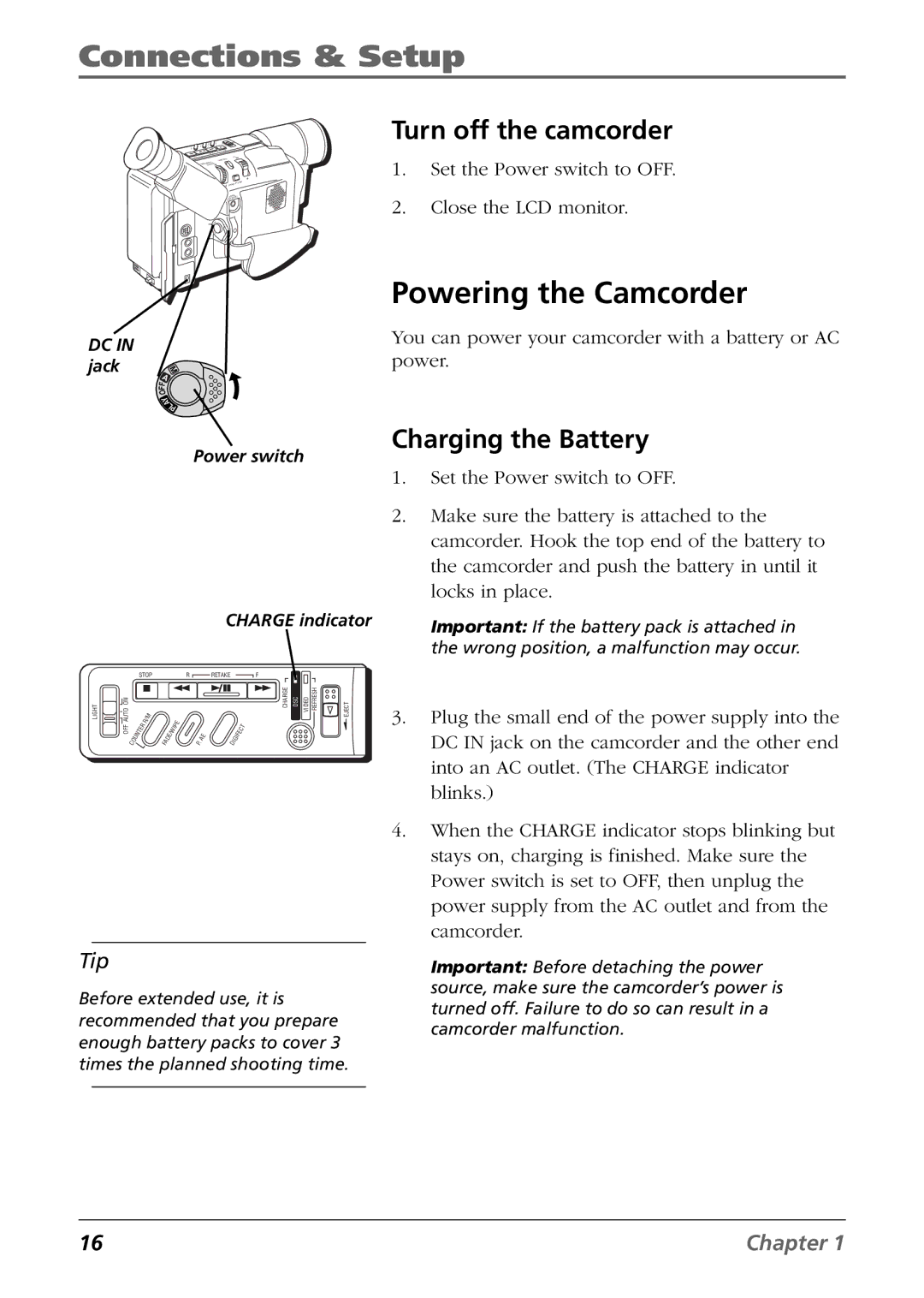 RCA CC6384/CC6394 manual Powering the Camcorder, Turn off the camcorder, Charging the Battery 