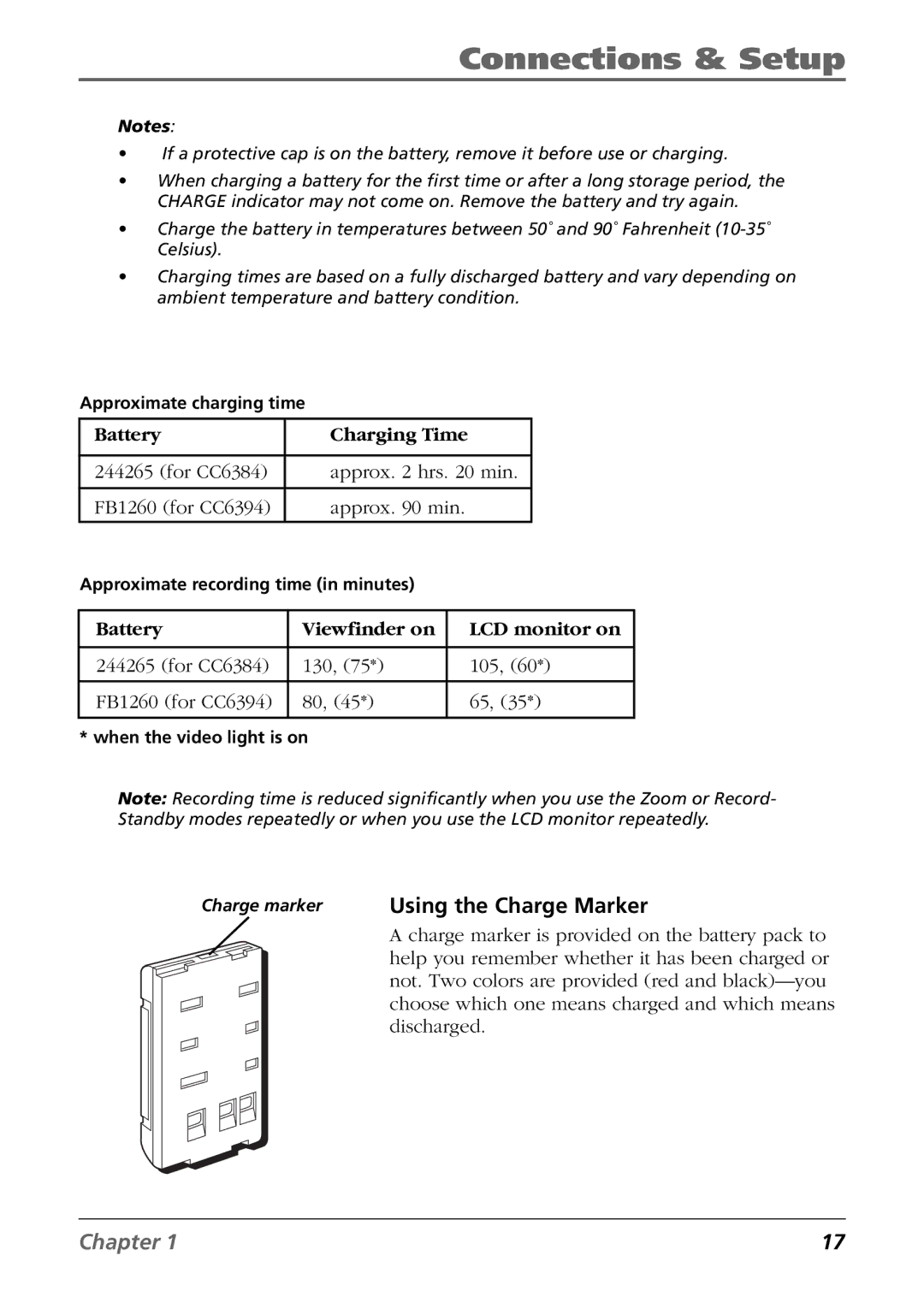 RCA CC6384/CC6394 manual Charge marker Using the Charge Marker, Battery Charging Time 