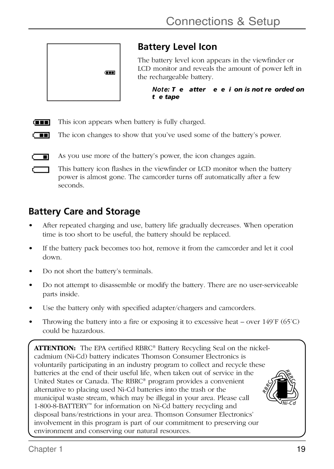 RCA CC6384/CC6394 manual Battery Level Icon, Battery Care and Storage 