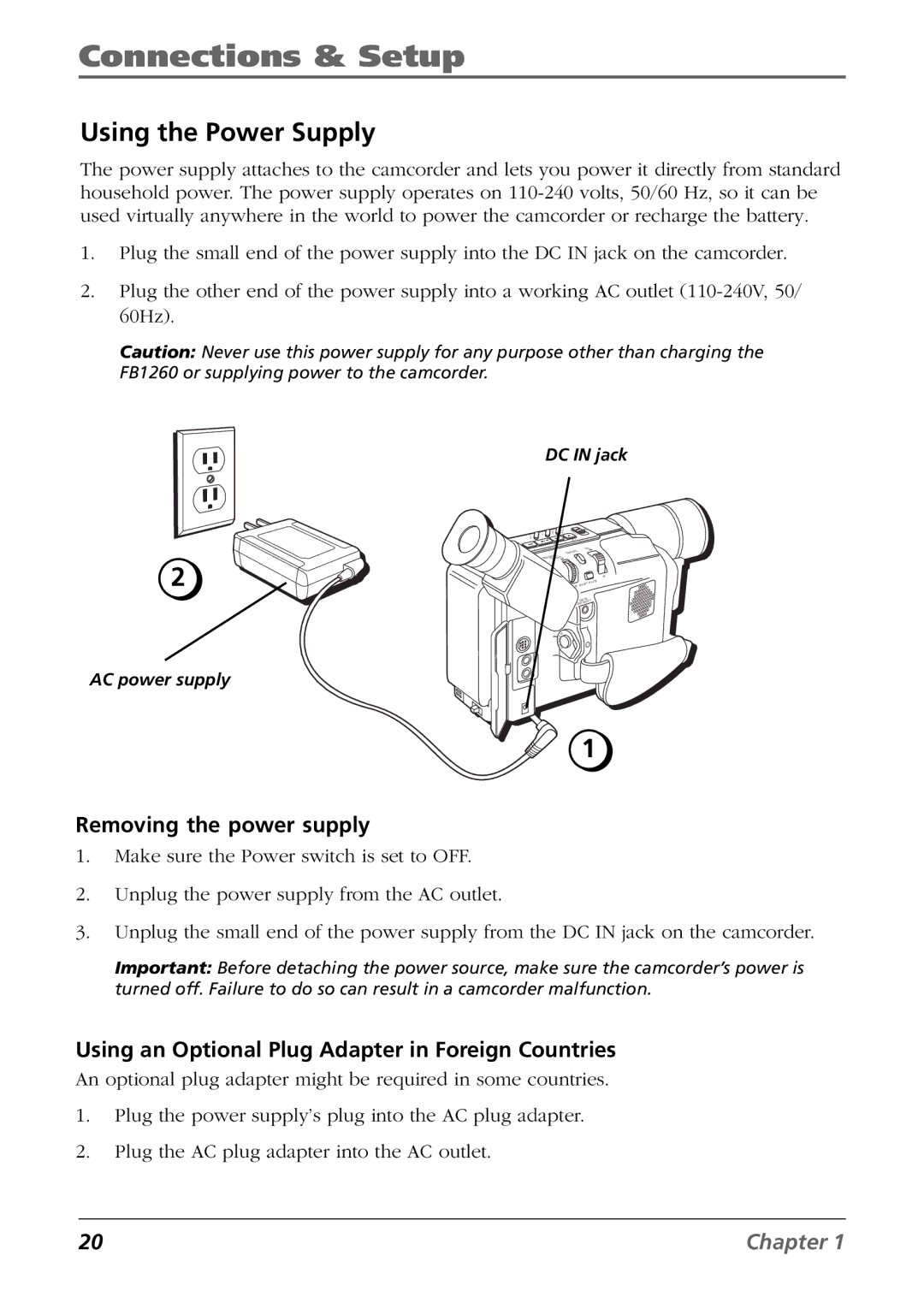 RCA CC6384/CC6394 Using the Power Supply, Removing the power supply, Using an Optional Plug Adapter in Foreign Countries 