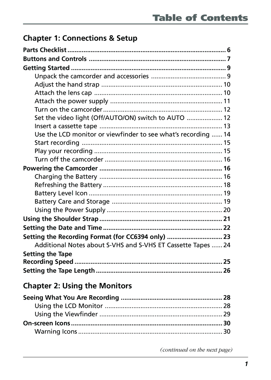 RCA CC6384/CC6394 manual Table of Contents 