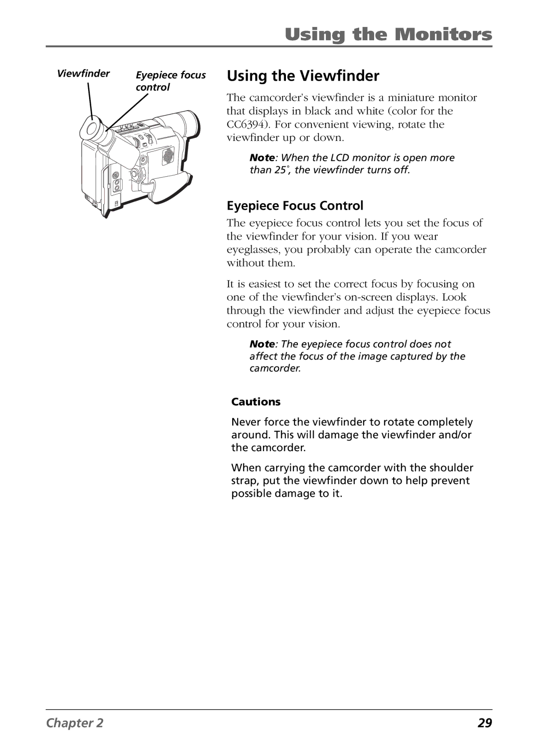 RCA CC6384/CC6394 manual Using the Viewfinder, Eyepiece Focus Control 