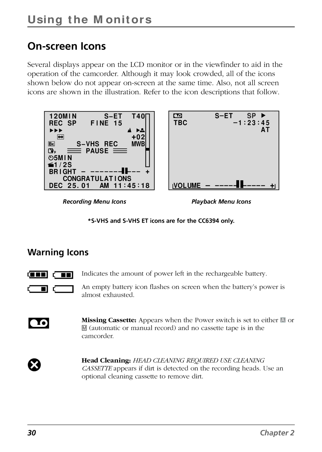 RCA CC6384/CC6394 manual On-screen Icons, Volume - - - - - + 