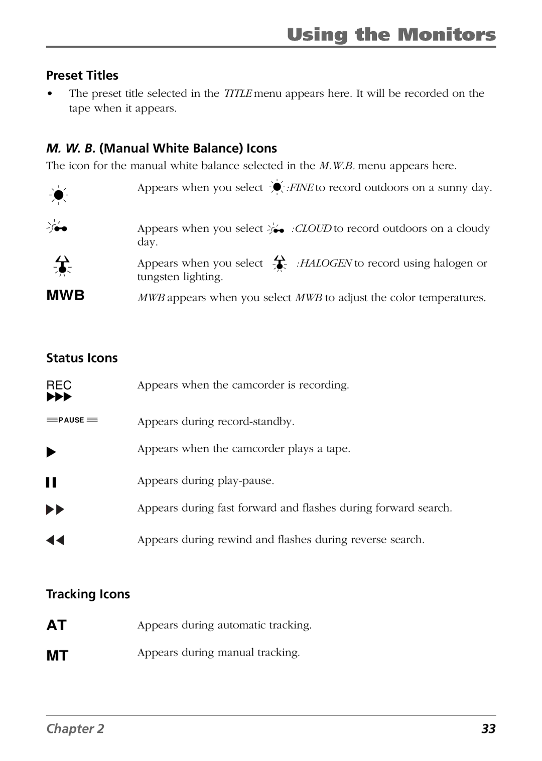 RCA CC6384/CC6394 manual Preset Titles, B. Manual White Balance Icons, Status Icons, Tracking Icons 