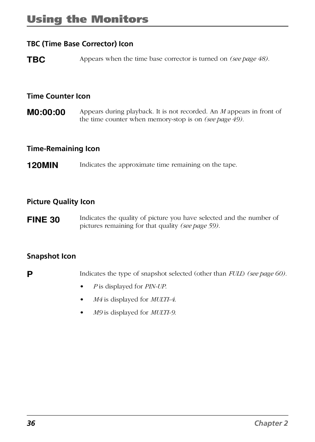 RCA CC6384/CC6394 manual TBC Time Base Corrector Icon, Time Counter Icon, Time-Remaining Icon, Picture Quality Icon 