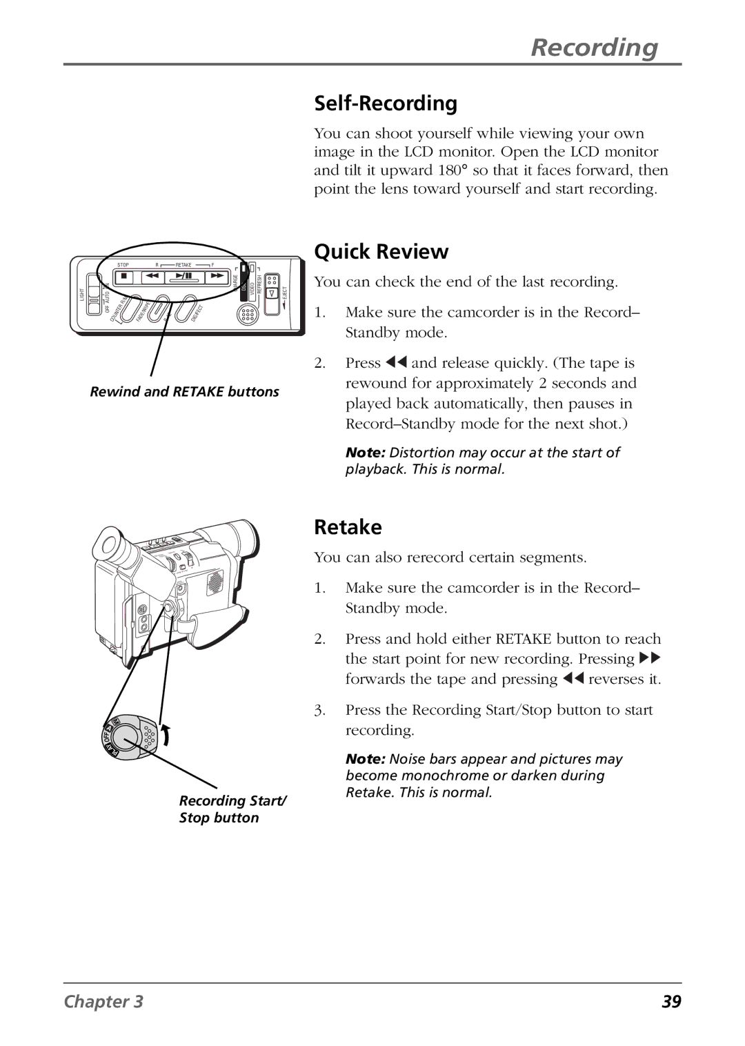 RCA CC6384/CC6394 manual Self-Recording, Quick Review, Retake 