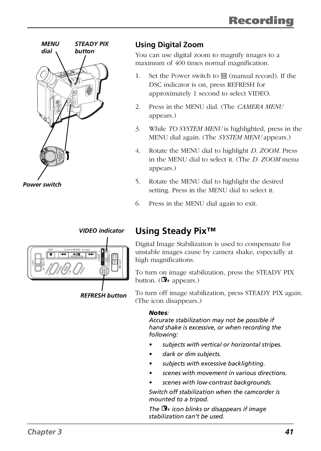 RCA CC6384/CC6394 manual Using Steady Pix, Using Digital Zoom 