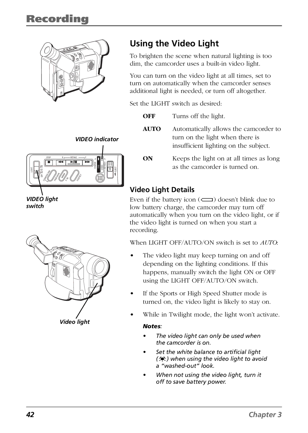 RCA CC6384/CC6394 manual Using the Video Light, Video Light Details 