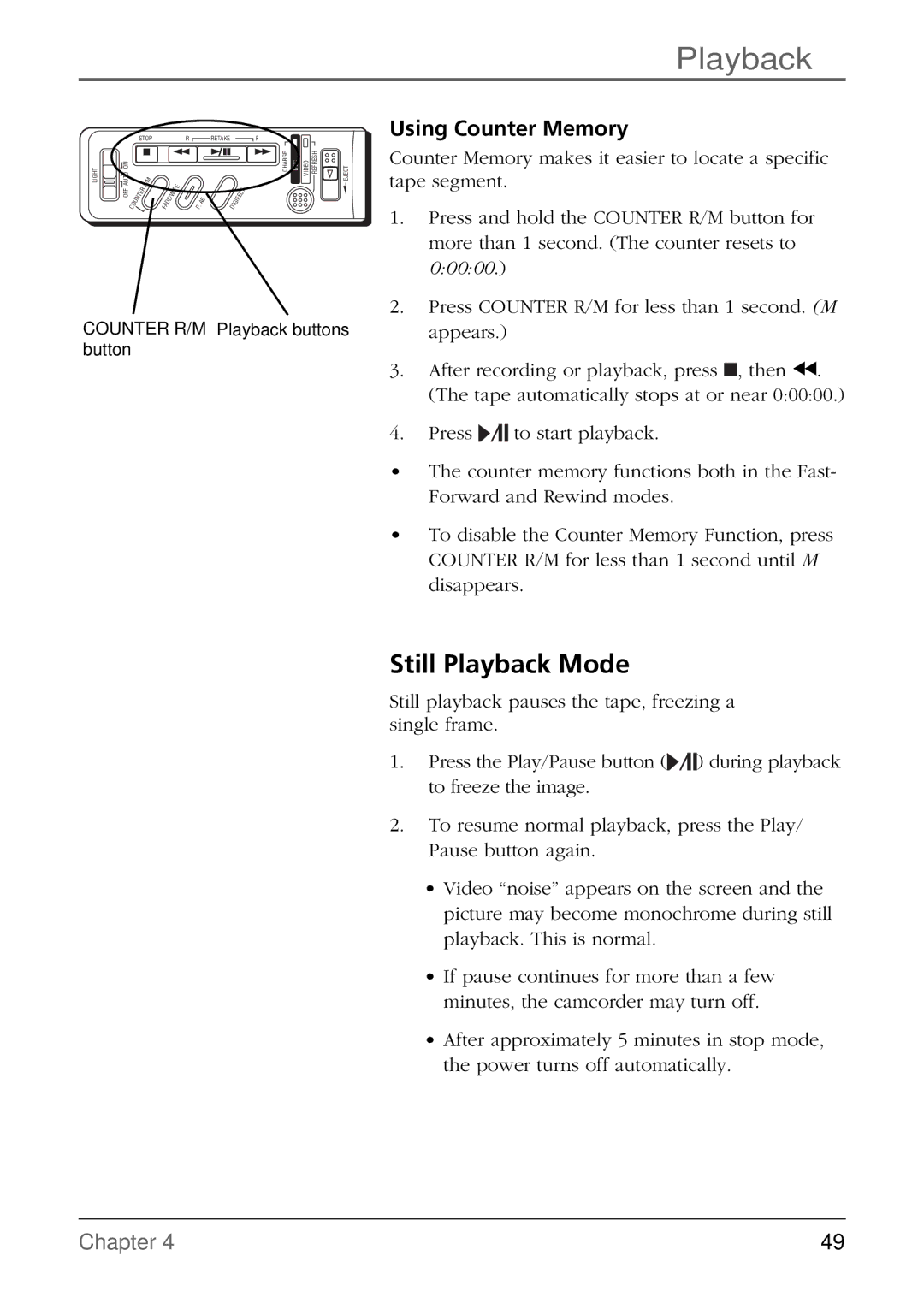 RCA CC6384/CC6394 manual Still Playback Mode, Using Counter Memory 