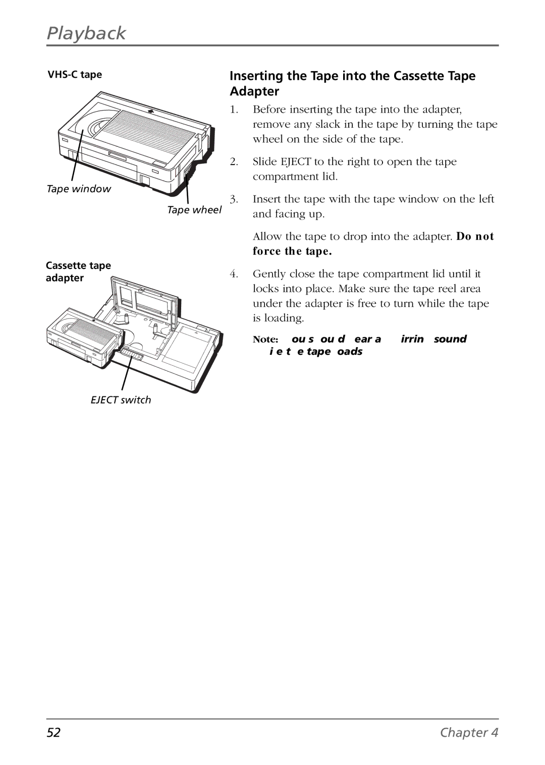 RCA CC6384/CC6394 manual Inserting the Tape into the Cassette Tape Adapter, Facing up 