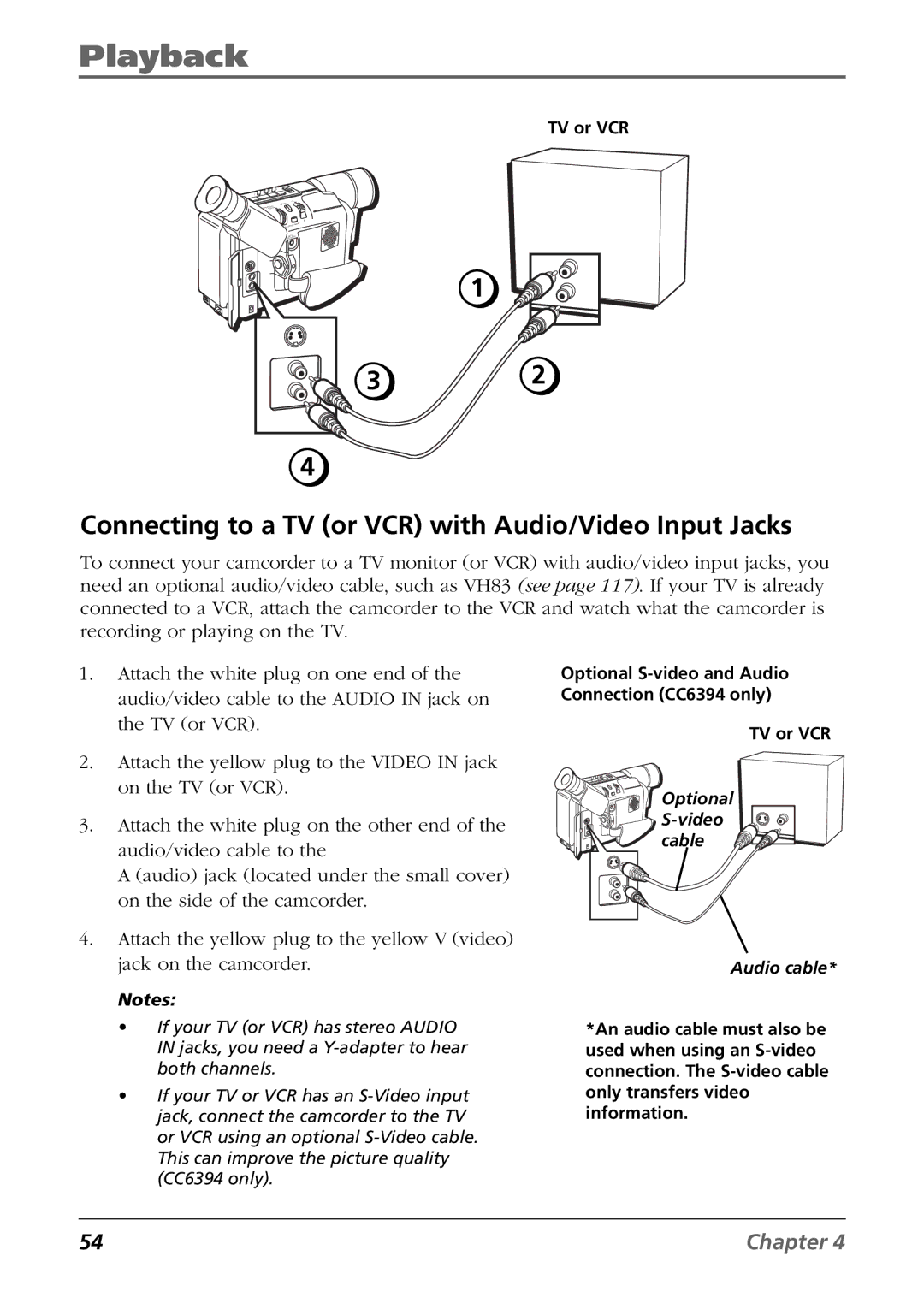 RCA CC6384/CC6394 manual Connecting to a TV or VCR with Audio/Video Input Jacks, Audio cable 