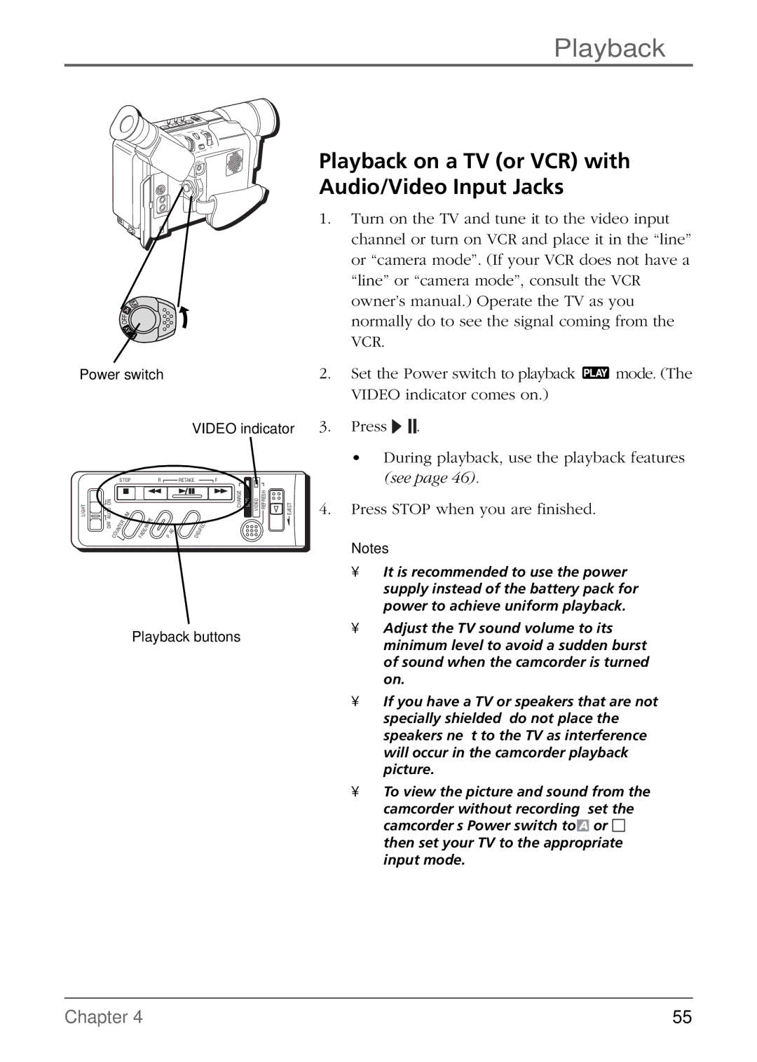 RCA CC6384/CC6394 manual Playback on a TV or VCR with Audio/Video Input Jacks 