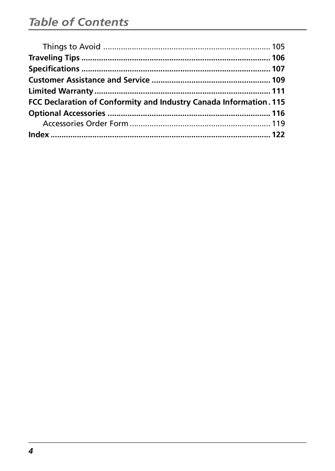 RCA CC6384/CC6394 manual Things to Avoid 105, 106, 107, 109, 111, 116, Accessories Order Form 119, 122 