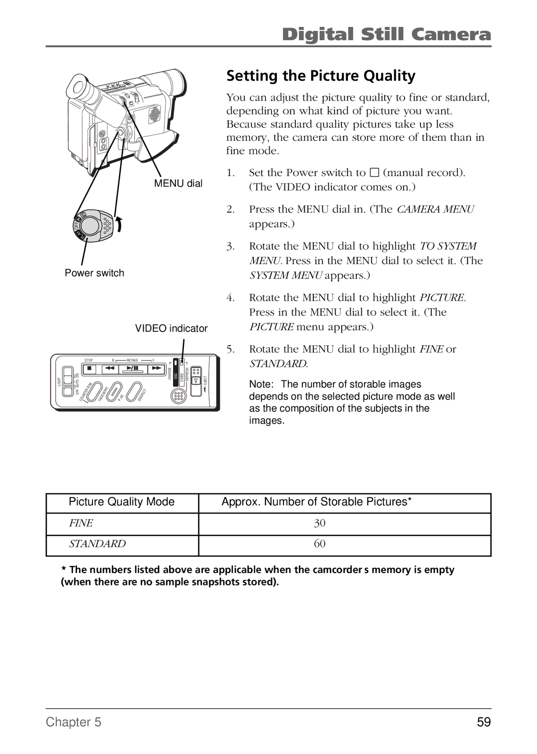 RCA CC6384/CC6394 manual Setting the Picture Quality, Approx. Number of Storable Pictures 