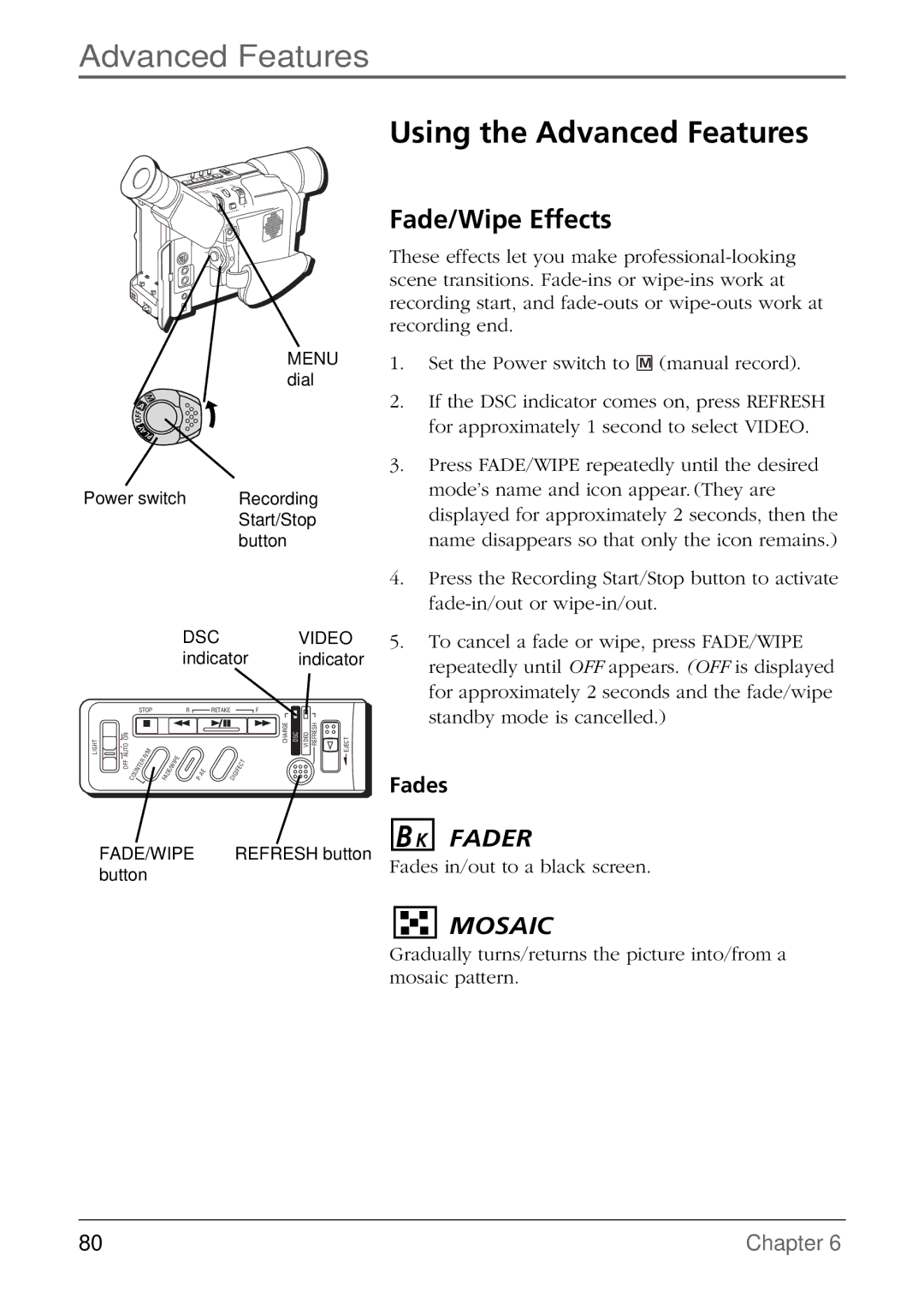 RCA CC6384/CC6394 manual Using the Advanced Features, Fade/Wipe Effects, Fades 