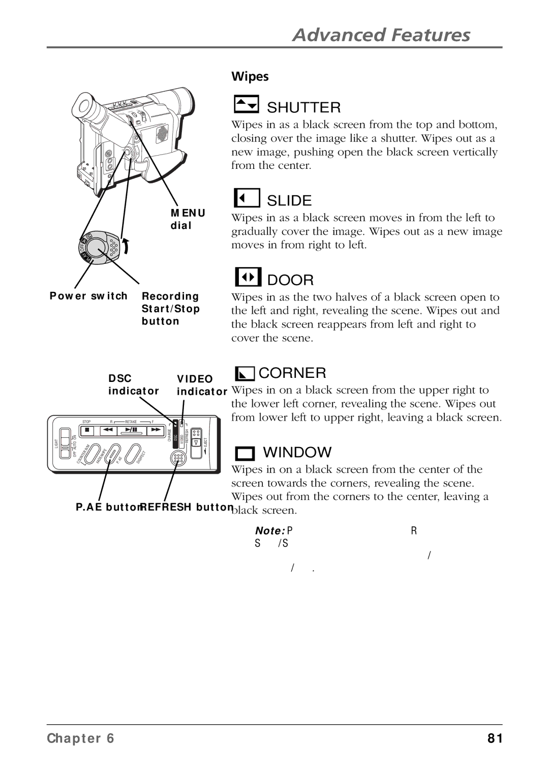 RCA CC6384/CC6394 manual Shutter, Wipes 