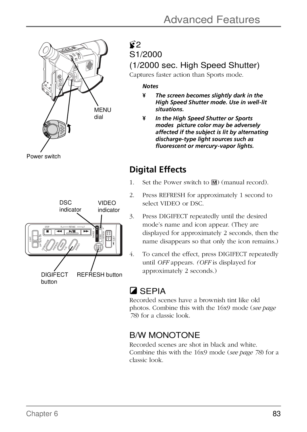 RCA CC6384/CC6394 manual Digital Effects, S1/2000 2000 sec. High Speed Shutter 