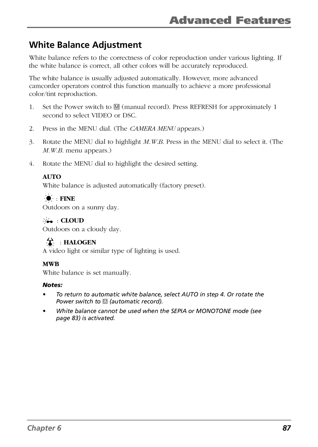 RCA CC6384/CC6394 manual White Balance Adjustment, Mwb 