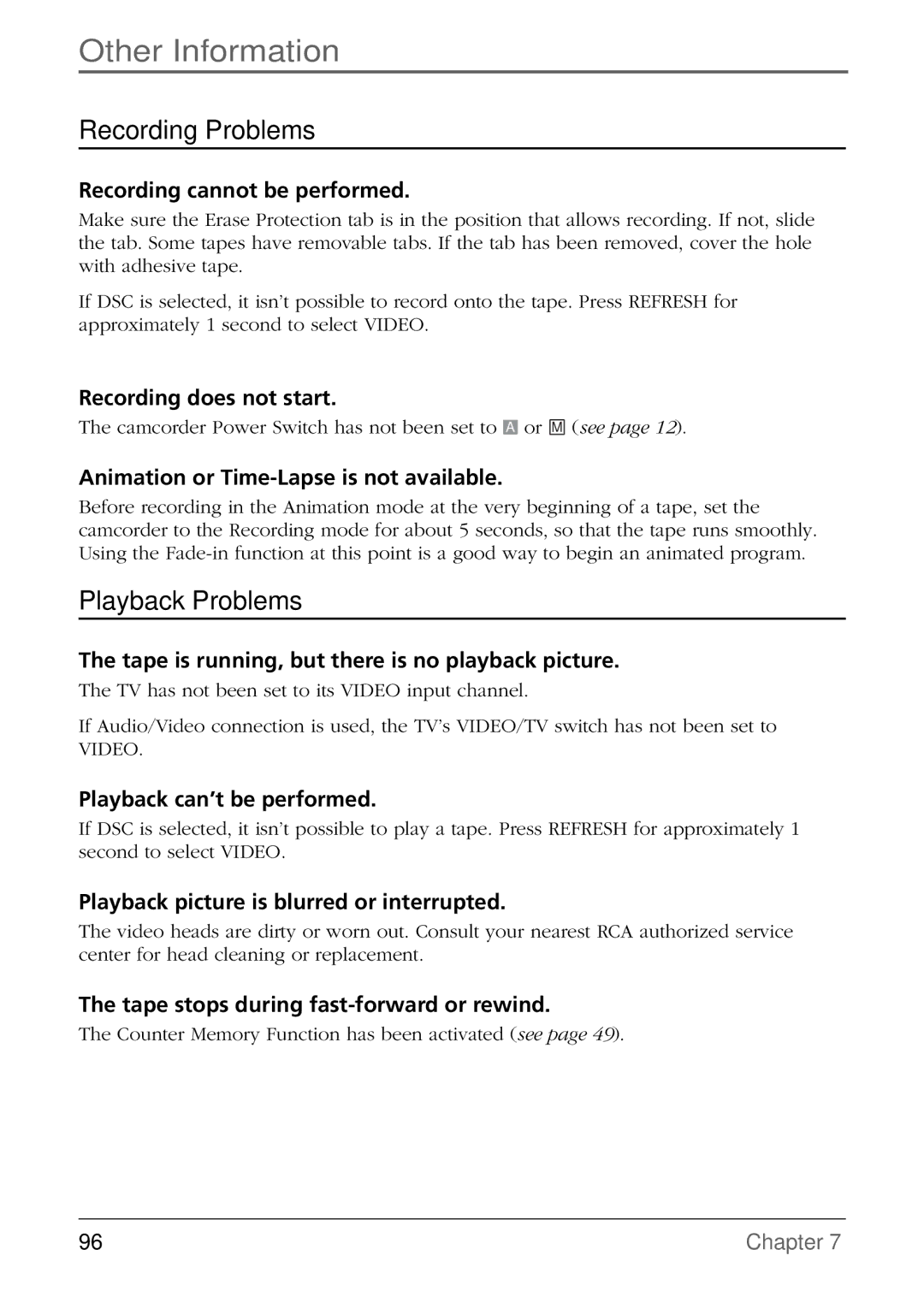 RCA CC6384/CC6394 manual Recording cannot be performed, Recording does not start, Animation or Time-Lapse is not available 