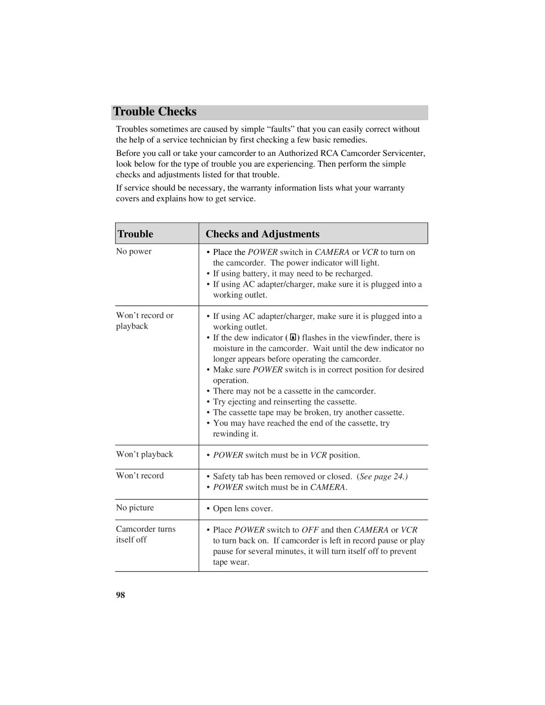 RCA CC638/639 manual Trouble Checks and Adjustments 