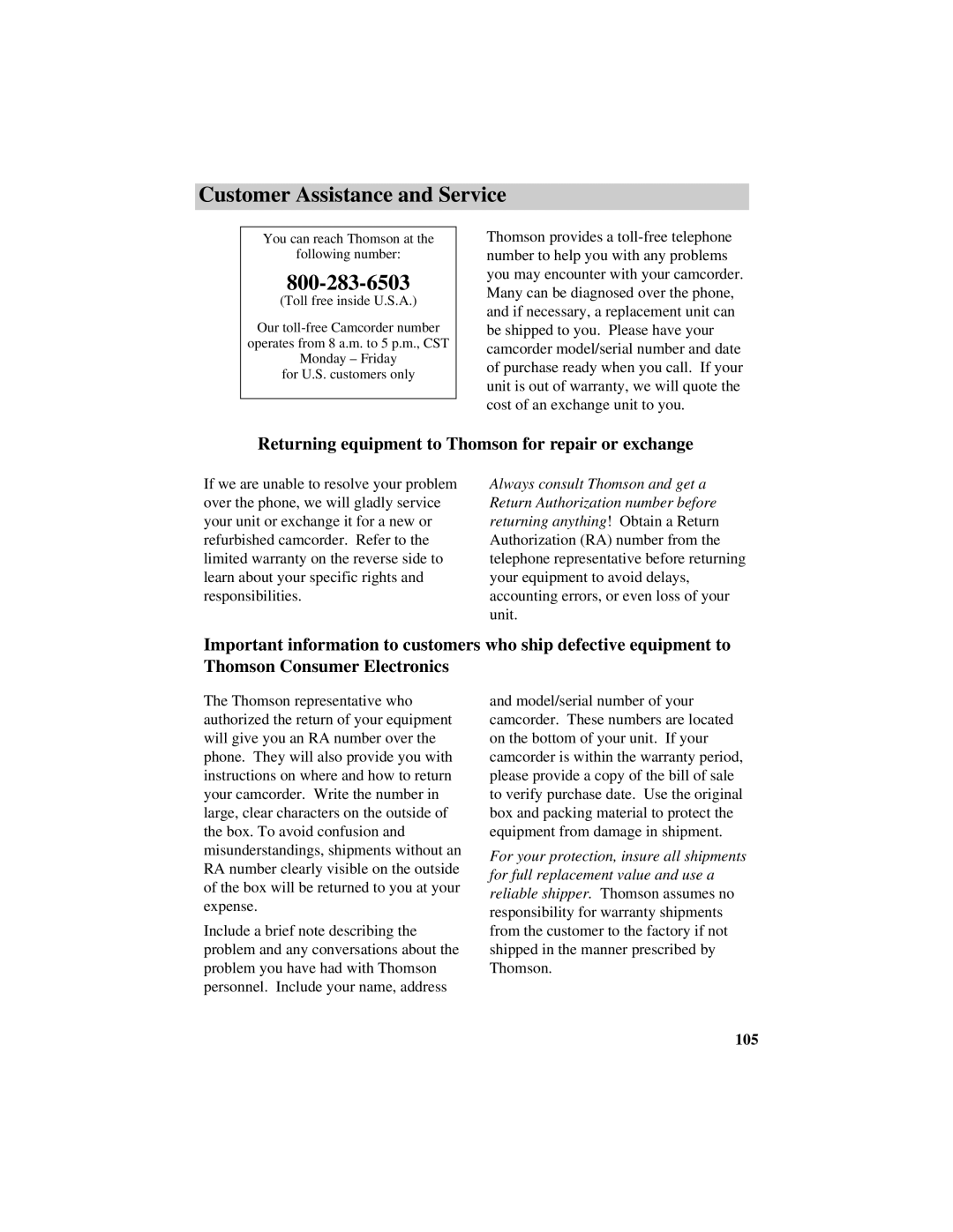 RCA CC638/639 manual Customer Assistance and Service, Returning equipment to Thomson for repair or exchange, 105 