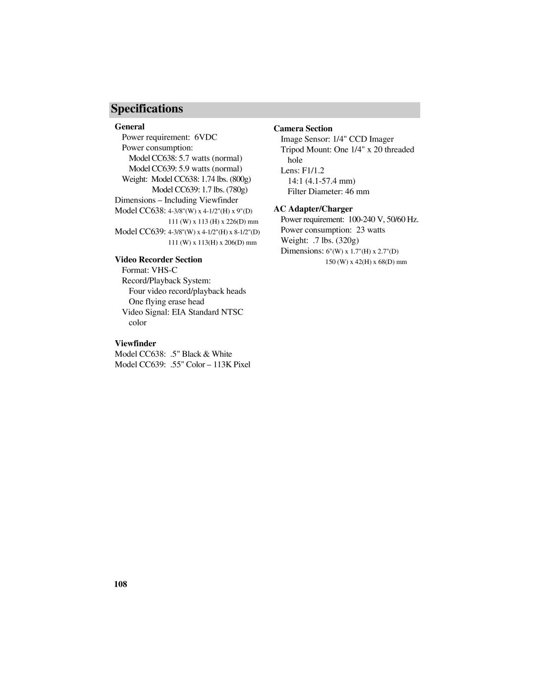 RCA CC638/639 manual Specifications 