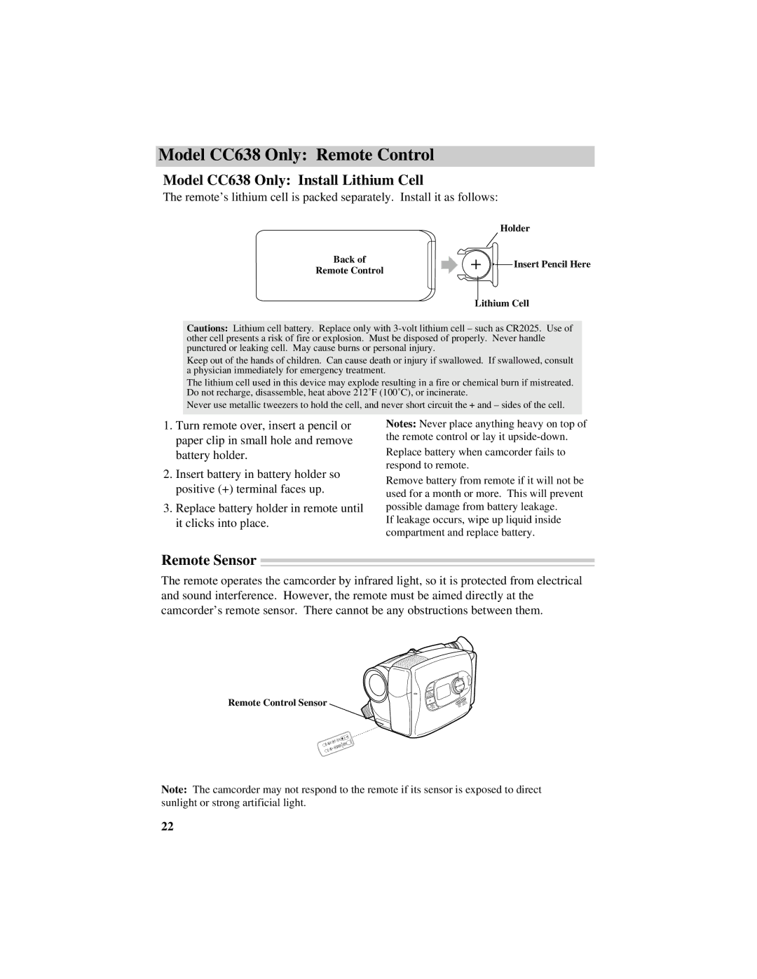 RCA CC638/639 manual Model CC638 Only Install Lithium Cell, Back Remote Control Holder Insert Pencil Here Lithium Cell 