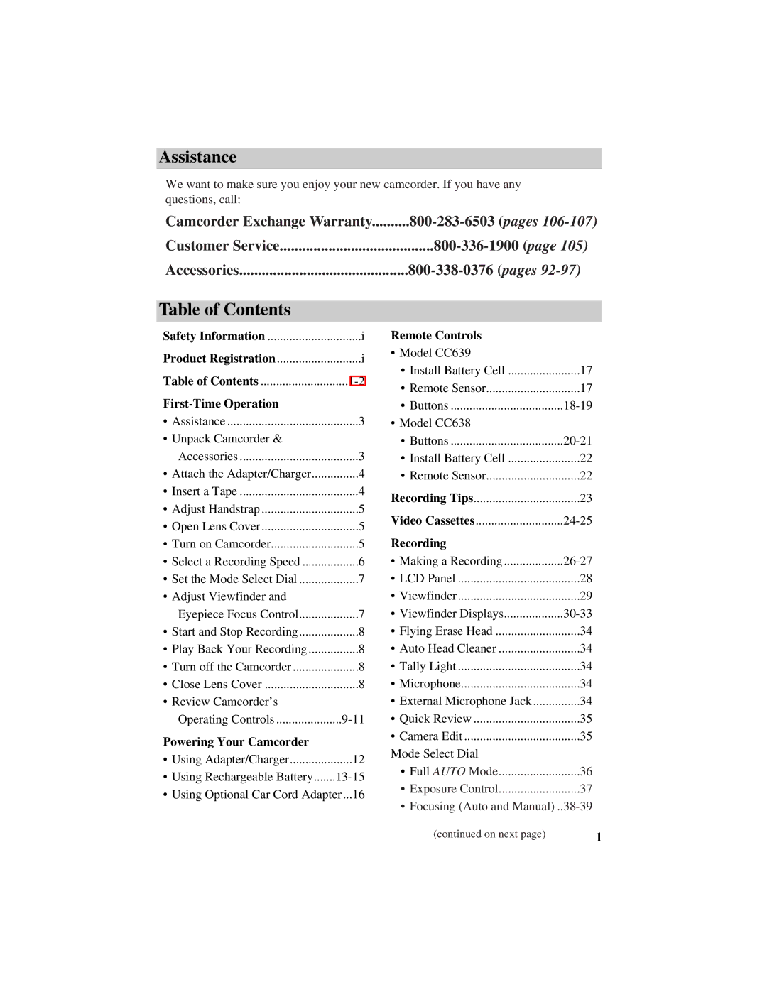 RCA CC638/639 manual Assistance, Table of Contents 