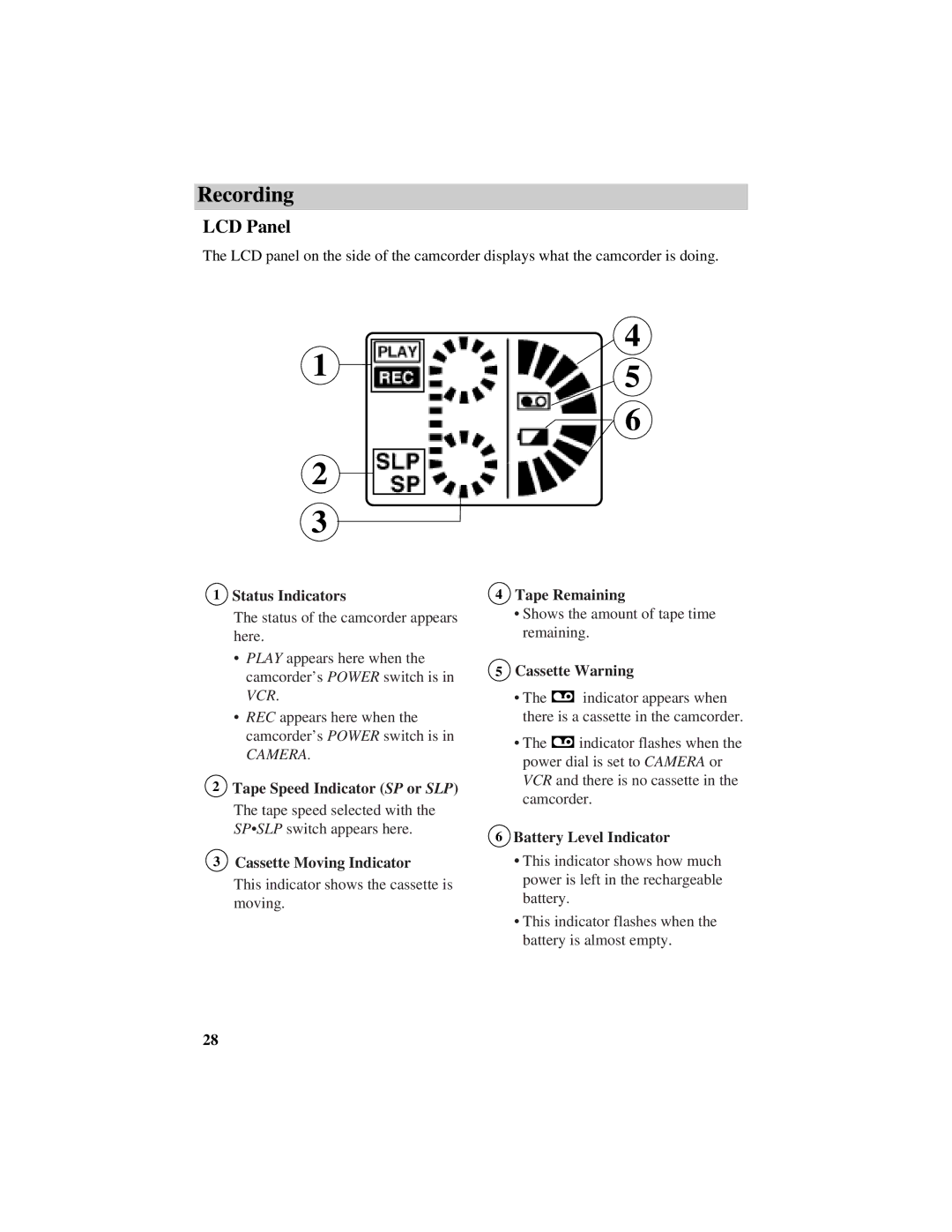 RCA CC638/639 manual LCD Panel, Status Indicators, Tape Remaining, Cassette Warning, Battery Level Indicator 