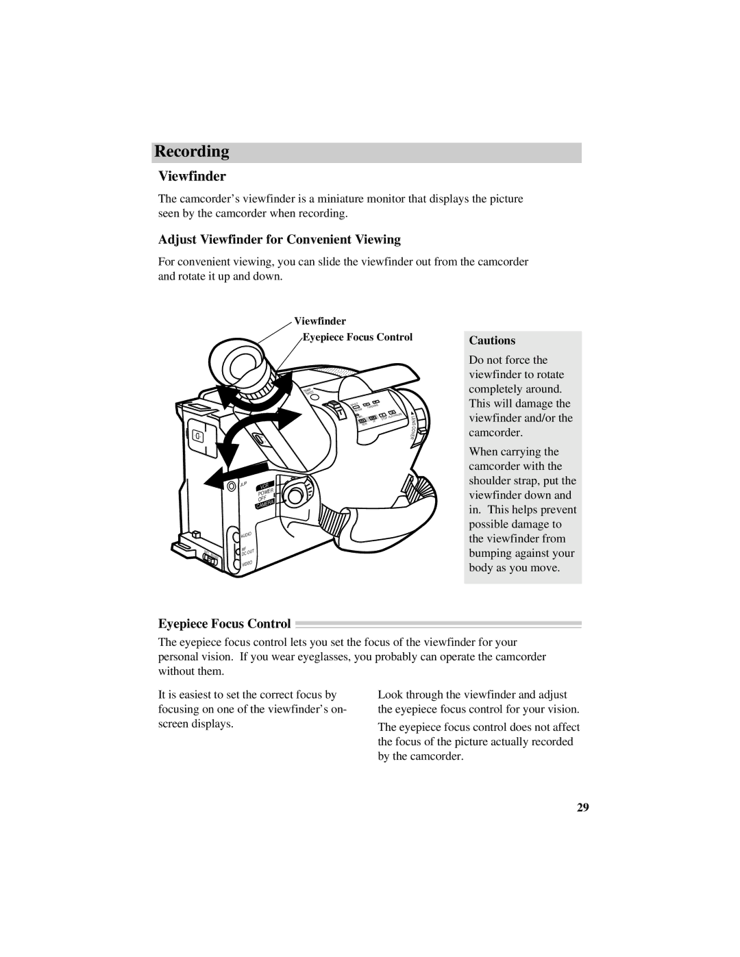 RCA CC638/639 manual Adjust Viewfinder for Convenient Viewing, Eyepiece Focus Control 