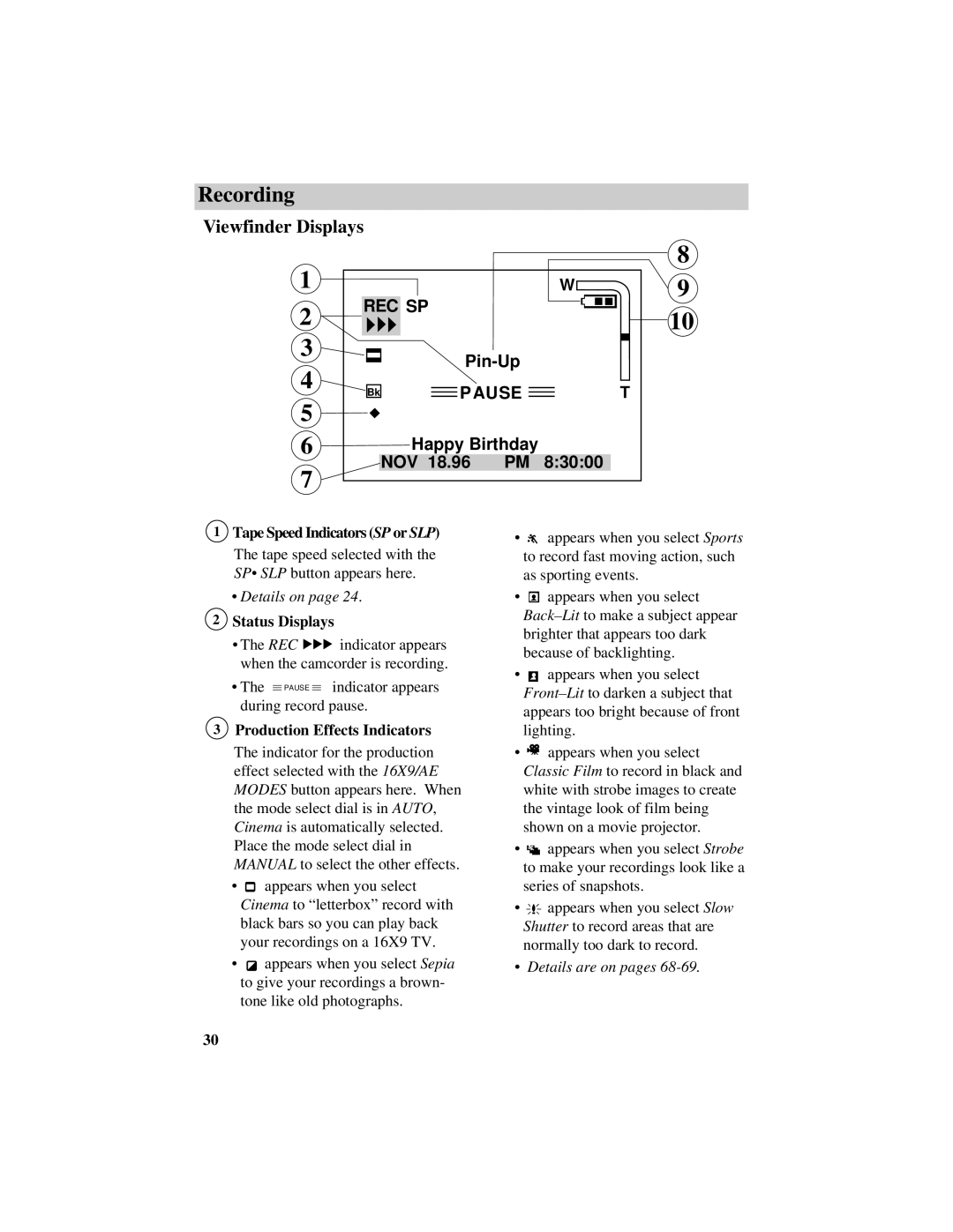 RCA CC638/639 manual Viewfinder Displays, Details on, Status Displays 