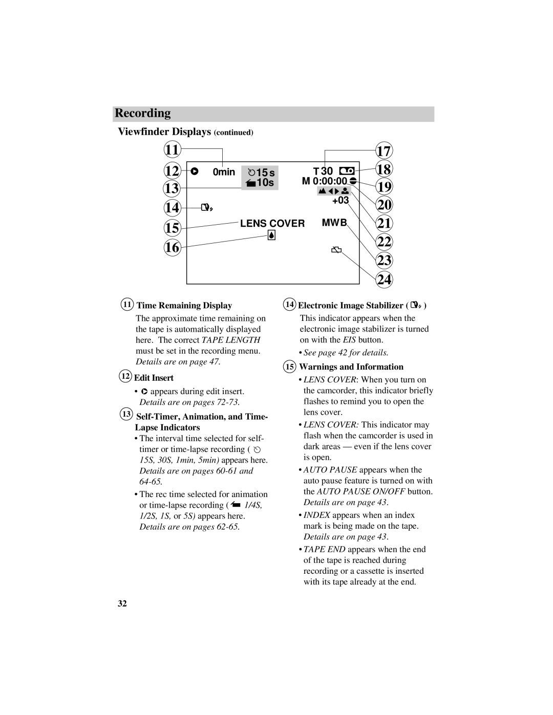 RCA CC638/639 manual Time Remaining Display, Edit Insert, Self-Timer, Animation, and Time- Lapse Indicators 