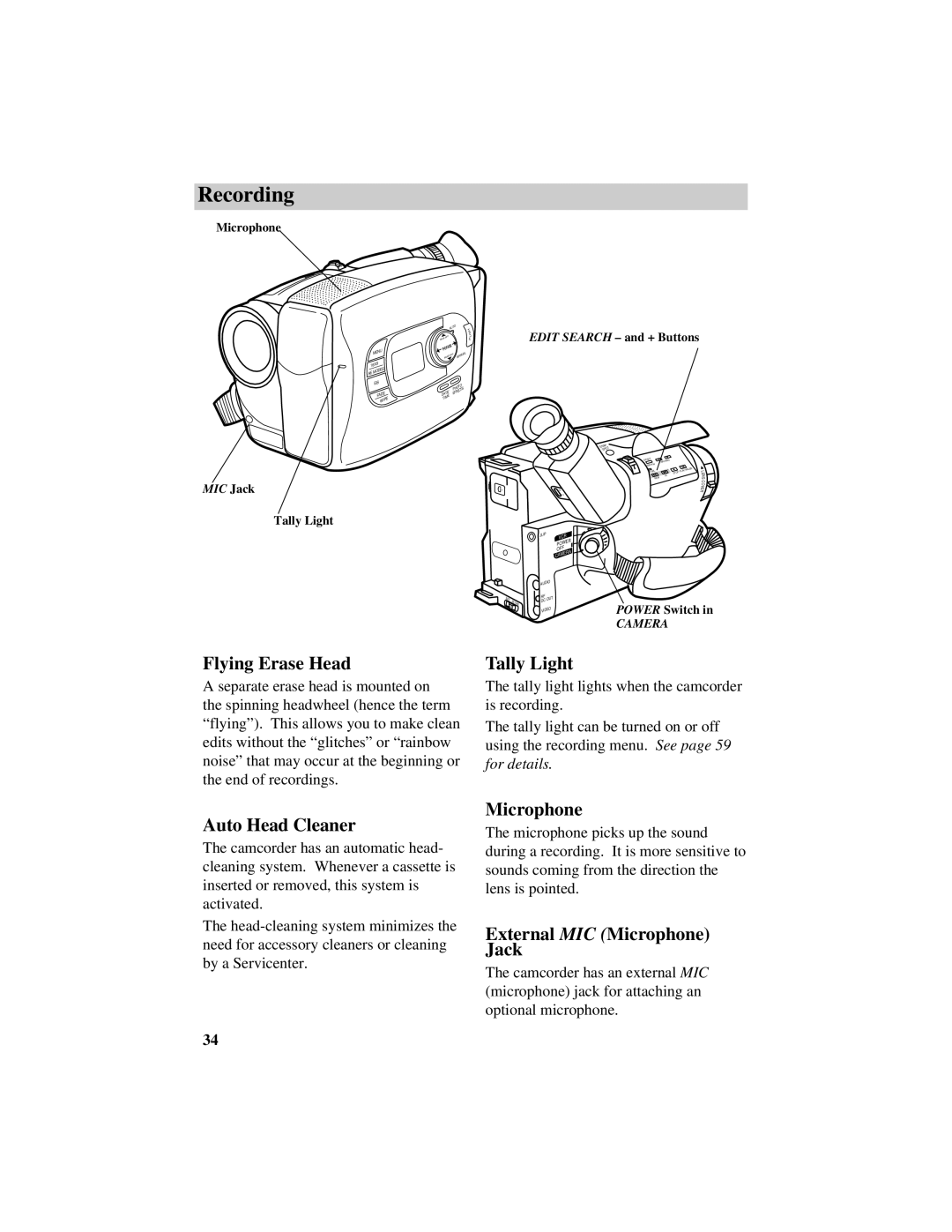 RCA CC638/639 manual Flying Erase Head, Tally Light, Auto Head Cleaner, External MIC Microphone Jack 