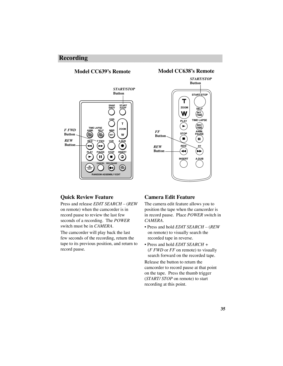 RCA CC638/639 manual Model CC639’s Remote, Quick Review Feature, Camera Edit Feature, Model CC638’s Remote 