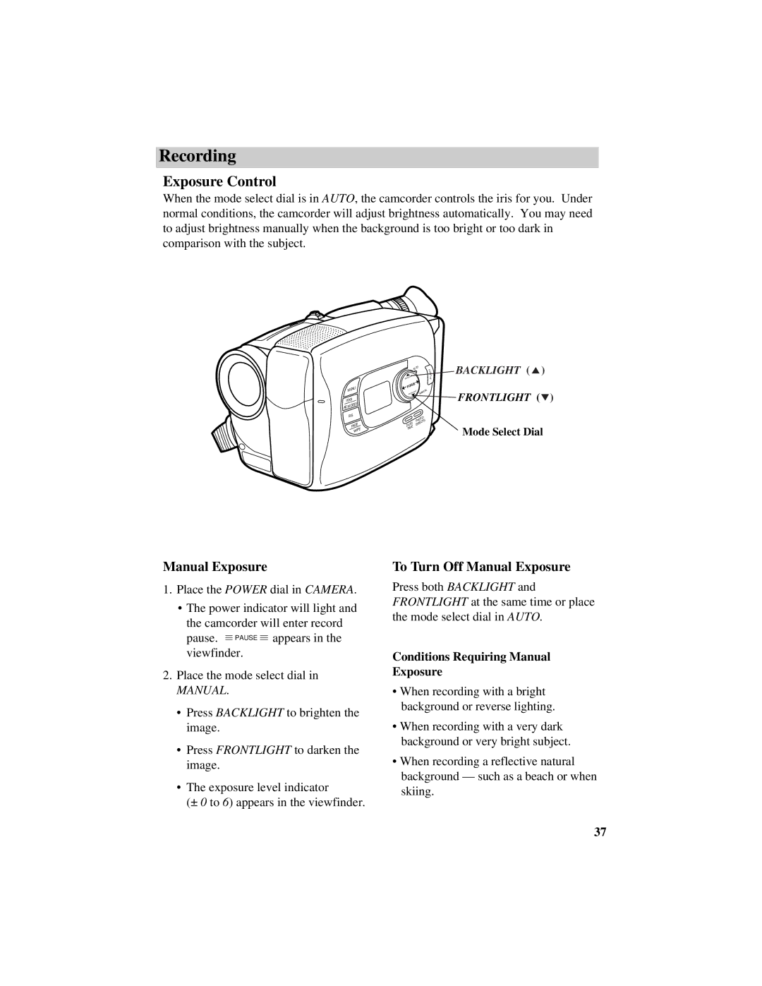 RCA CC638/639 manual Exposure Control, To Turn Off Manual Exposure, Conditions Requiring Manual Exposure 