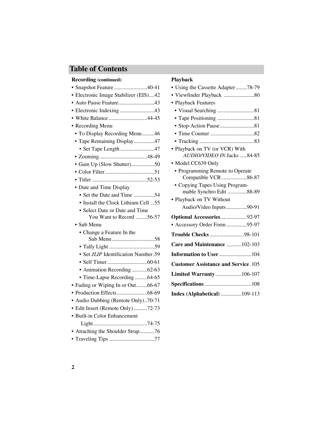 RCA CC638/639 manual Playback, Care and Maintenance, Customer Assistance and Service, Index Alphabetical 