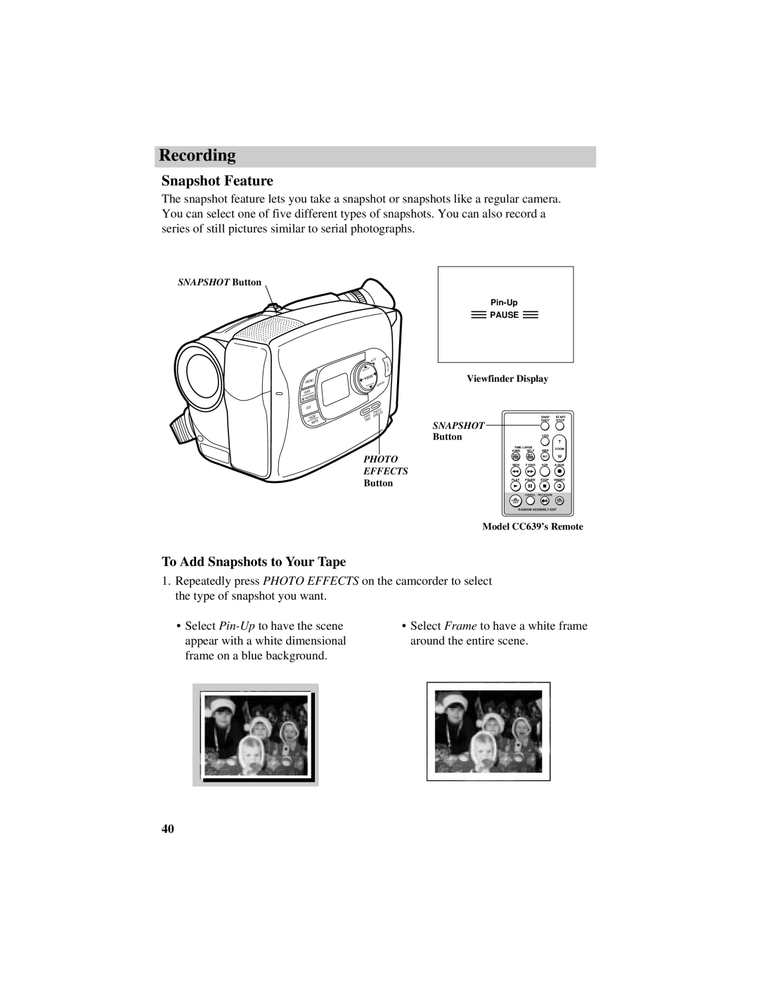 RCA CC638/639 manual Snapshot Feature, To Add Snapshots to Your Tape 