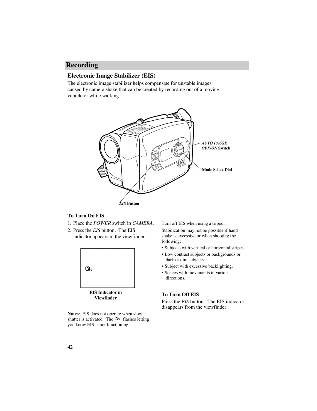 RCA CC638/639 manual Electronic Image Stabilizer EIS, To Turn On EIS, To Turn Off EIS 