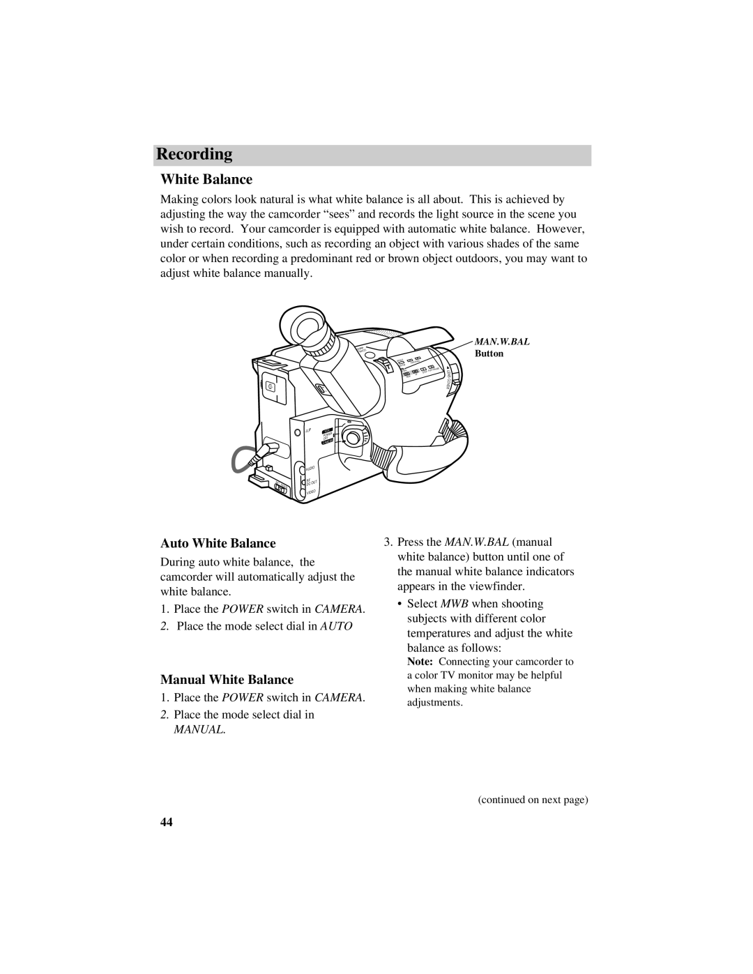 RCA CC638/639 manual Auto White Balance, Manual White Balance 