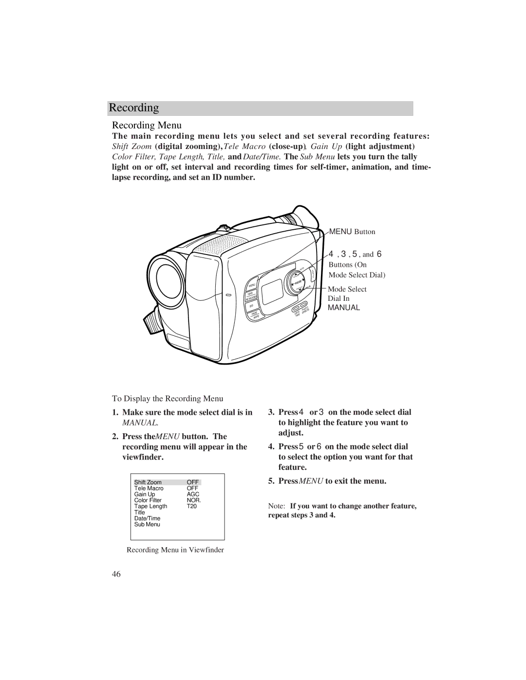 RCA CC638/639 manual To Display the Recording Menu 