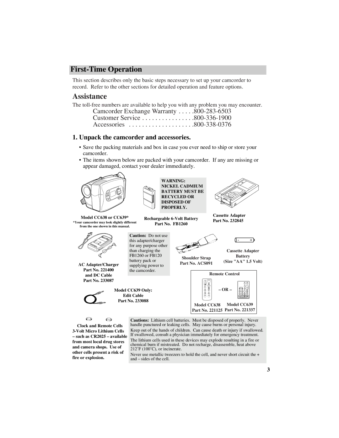 RCA CC638/639 manual First-Time Operation, Unpack the camcorder and accessories 