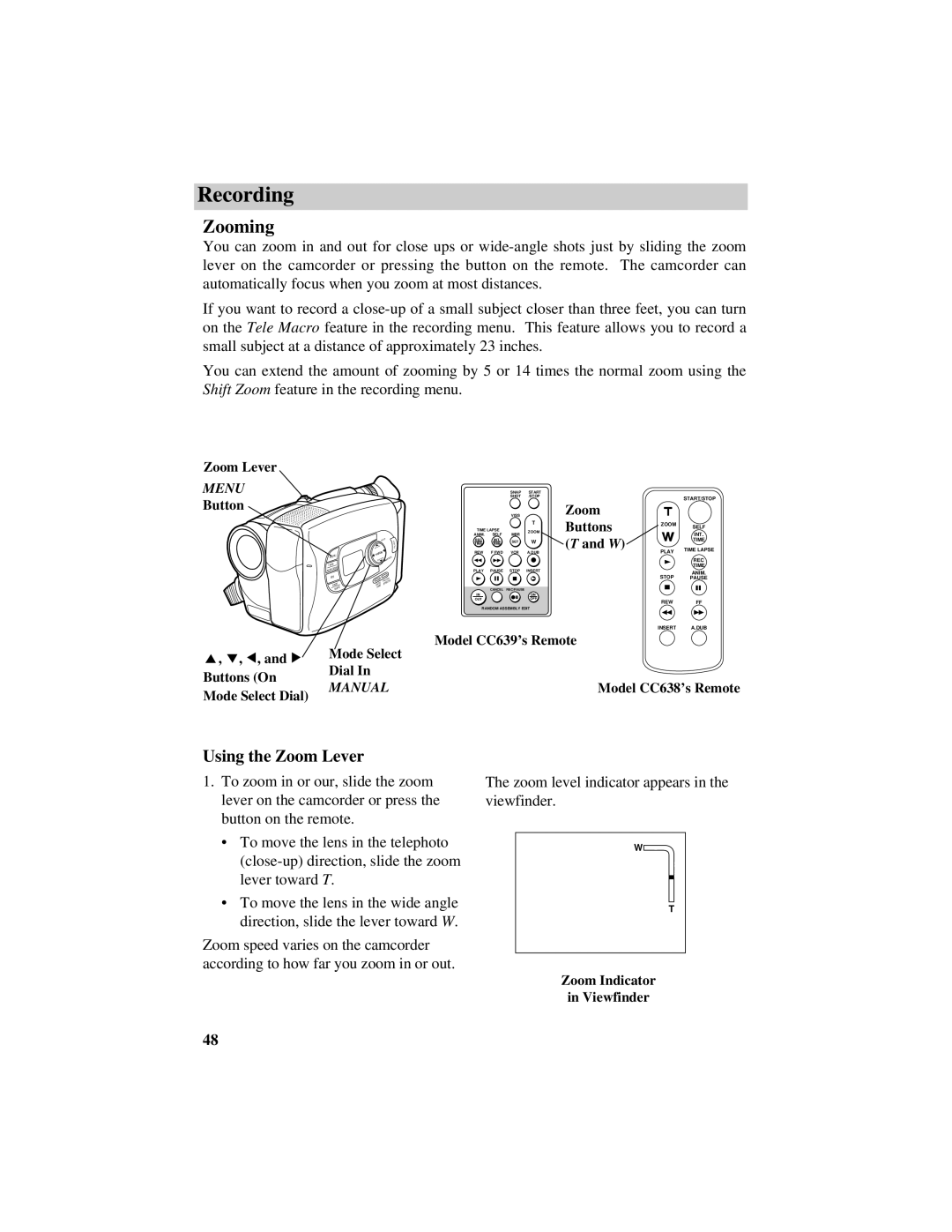 RCA CC638/639 manual Zooming, Using the Zoom Lever 