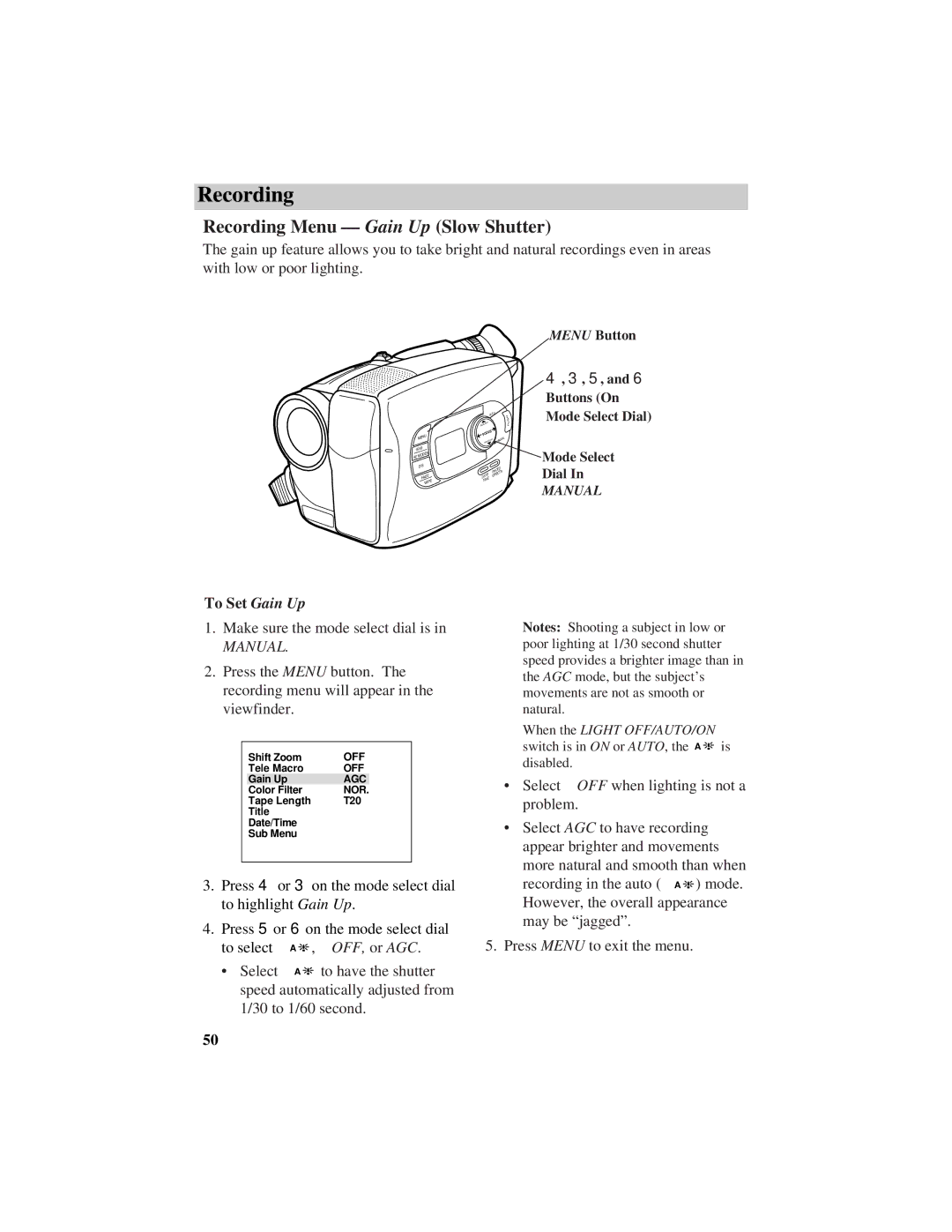 RCA CC638/639 manual Recording Menu Gain Up Slow Shutter, To Set Gain Up 