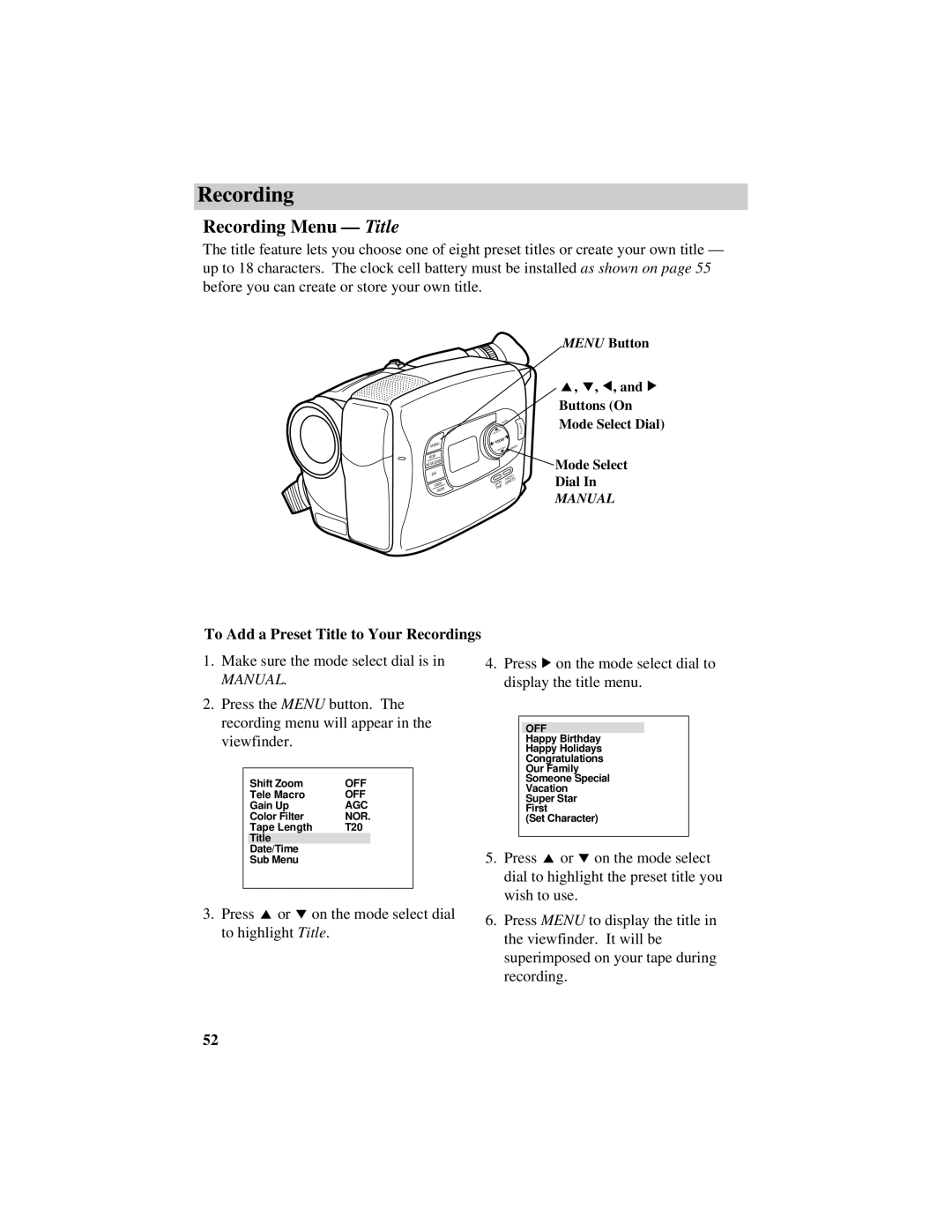 RCA CC638/639 manual Recording Menu Title, To Add a Preset Title to Your Recordings 