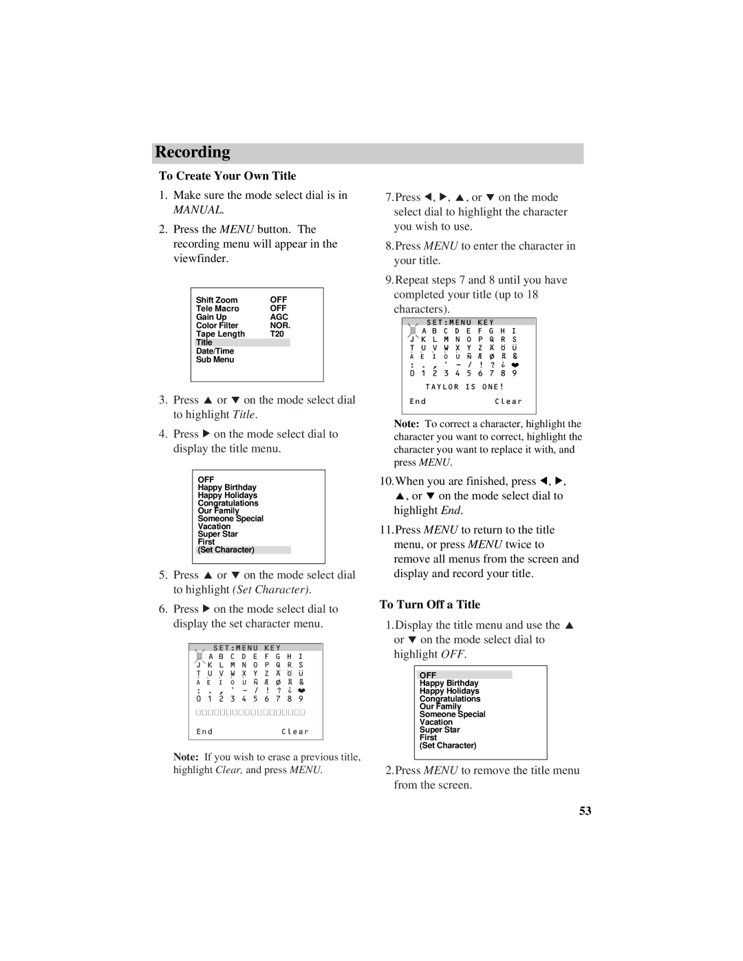 RCA CC638/639 manual To Create Your Own Title, To Turn Off a Title 