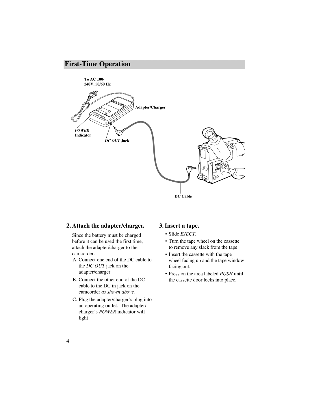 RCA CC638/639 manual Attach the adapter/charger, Insert a tape 