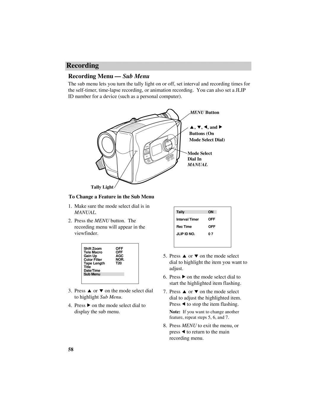 RCA CC638/639 manual Recording Menu Sub Menu, To Change a Feature in the Sub Menu 