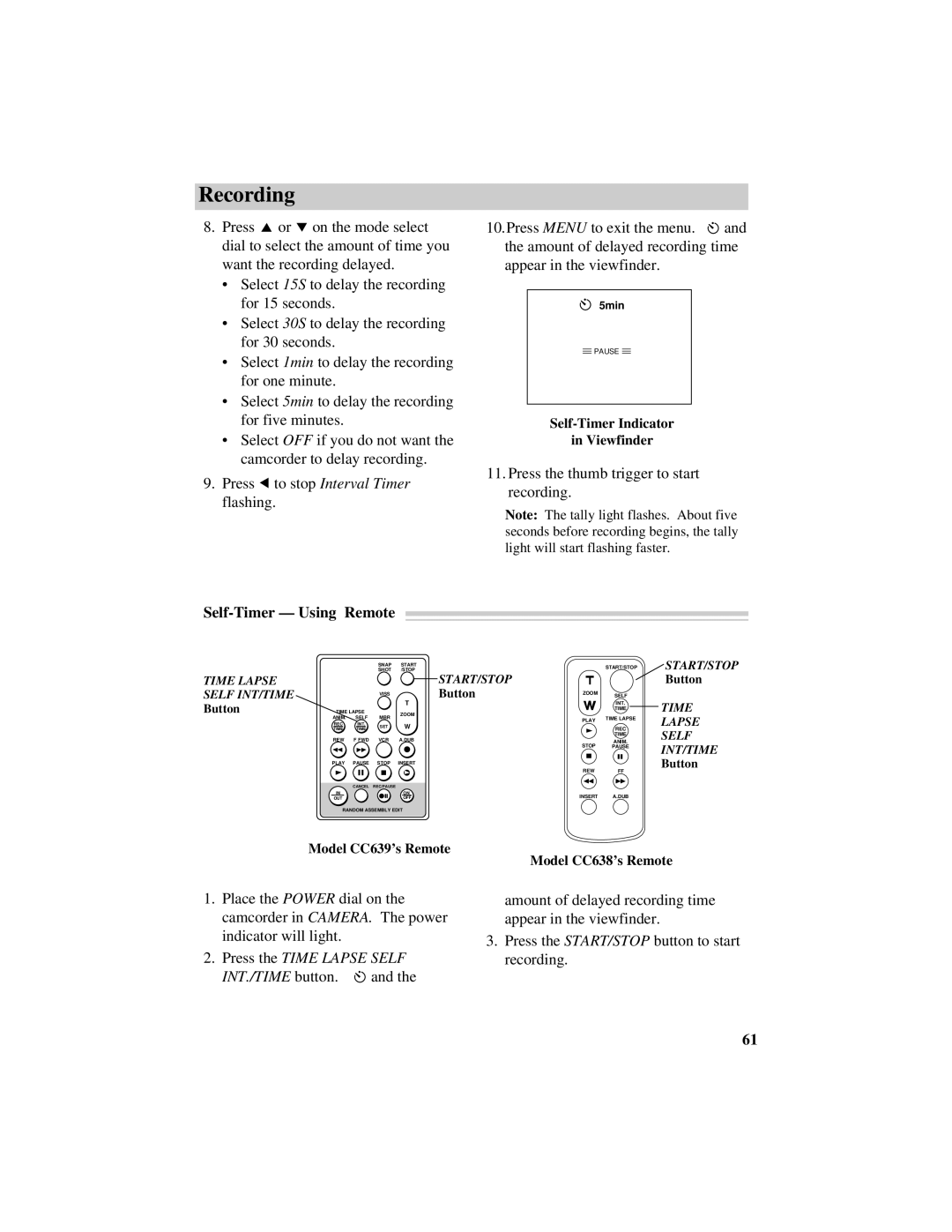 RCA CC638/639 Press 5 to stop Interval Timer flashing, Self-Timer Using Remote, Press the Time Lapse Self INT./TIME button 