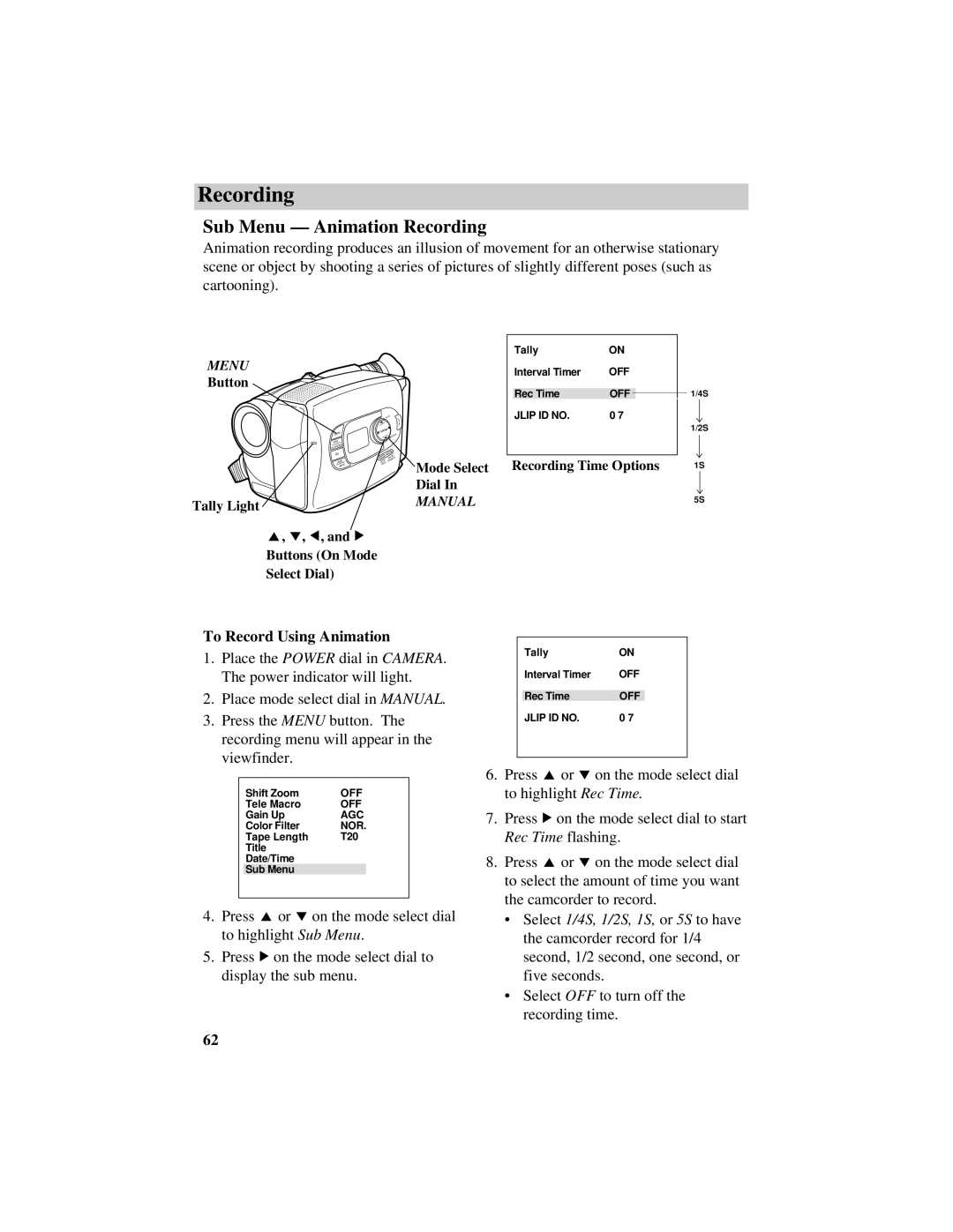 RCA CC638/639 manual Sub Menu Animation Recording, To Record Using Animation 